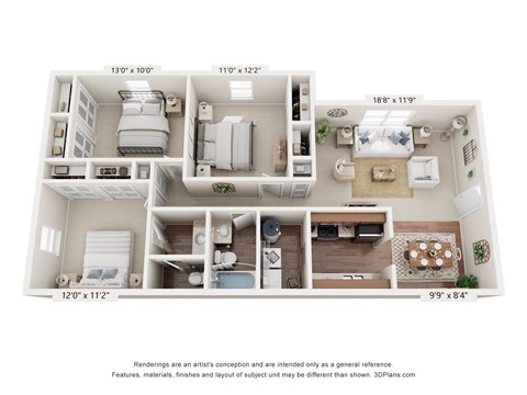 Floor plan for 3 beds, 2 baths, 1150 sqft